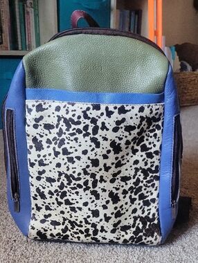 Leather Accent Backpack in Olive, Blue & Black Speckle